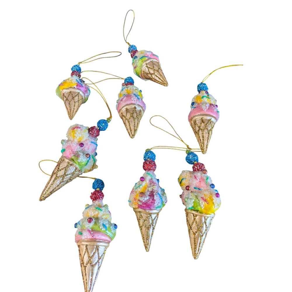 Ice‎ Cream Cone Christmas Tree Ornaments Set of 8 Multicolor Glitter 4.5"